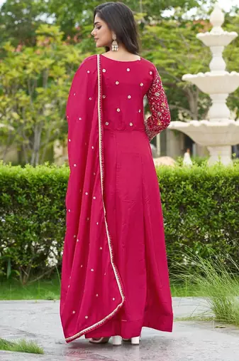 Pink chinon stitched gown with dupatta full sleeve embroidered anarkali gown