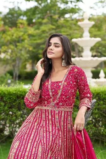 Pink chinon stitched gown with dupatta full sleeve embroidered anarkali gown