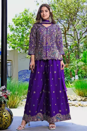 Purple chinon stitched top with stitched chinon bottom and chinon dupatta full sleeve embroidered straight kurta