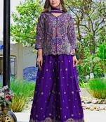 Purple chinon stitched top with stitched chinon bottom and chinon dupatta full sleeve embroidered straight kurta
