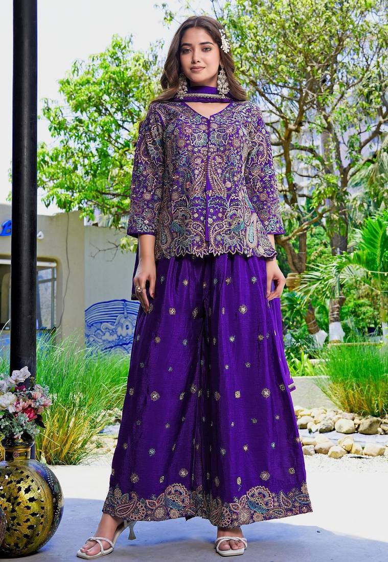 Purple chinon stitched top with stitched chinon bottom and chinon dupatta full sleeve embroidered straight kurta
