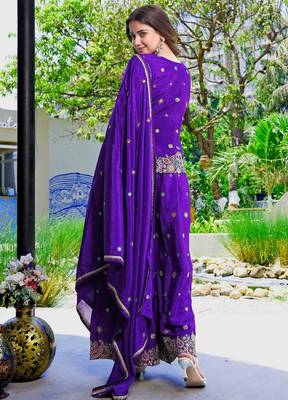 Purple chinon stitched top with stitched chinon bottom and chinon dupatta full sleeve embroidered straight kurta 2
