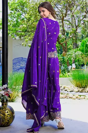 Purple chinon stitched top with stitched chinon bottom and chinon dupatta full sleeve embroidered straight kurta