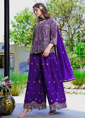 Purple chinon stitched top with stitched chinon bottom and chinon dupatta full sleeve embroidered straight kurta 3