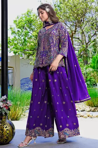Purple chinon stitched top with stitched chinon bottom and chinon dupatta full sleeve embroidered straight kurta