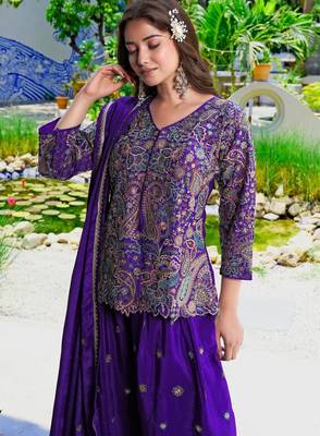 Purple chinon stitched top with stitched chinon bottom and chinon dupatta full sleeve embroidered straight kurta 4