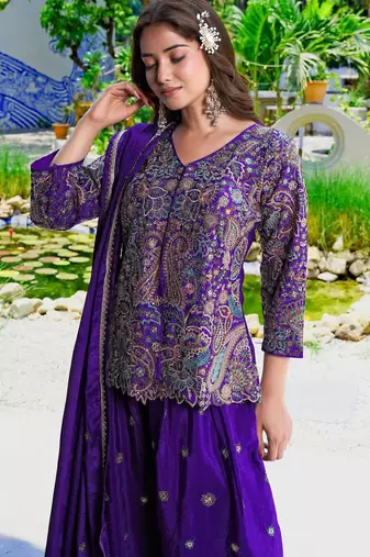 Purple chinon stitched top with stitched chinon bottom and chinon dupatta full sleeve embroidered straight kurta