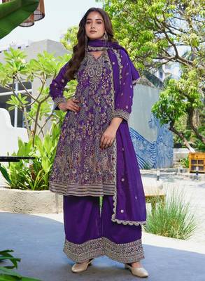 Purple vichitra silk embroidered a-line kurta set with dupatta & full sleeves 1