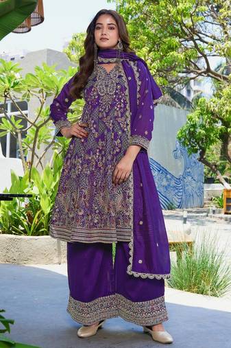 Purple vichitra silk embroidered a-line kurta set with dupatta & full sleeves