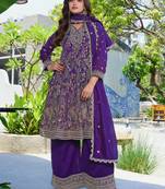 Purple vichitra silk embroidered a-line kurta set with dupatta & full sleeves