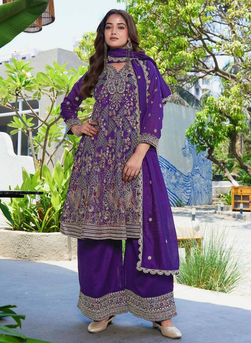 Purple vichitra silk embroidered a-line kurta set with dupatta & full sleeves