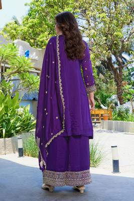 Purple vichitra silk embroidered a-line kurta set with dupatta & full sleeves 2
