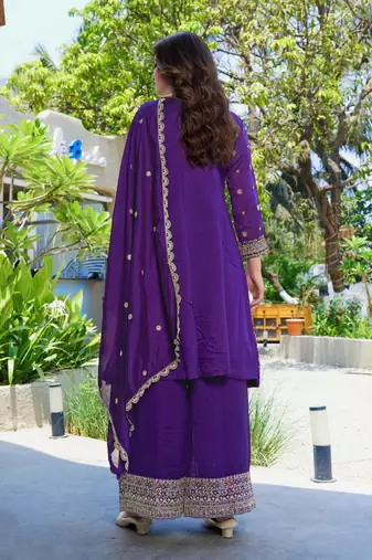 Purple vichitra silk embroidered a-line kurta set with dupatta & full sleeves