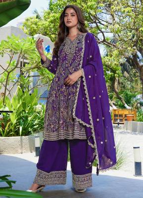 Purple vichitra silk embroidered a-line kurta set with dupatta & full sleeves 3