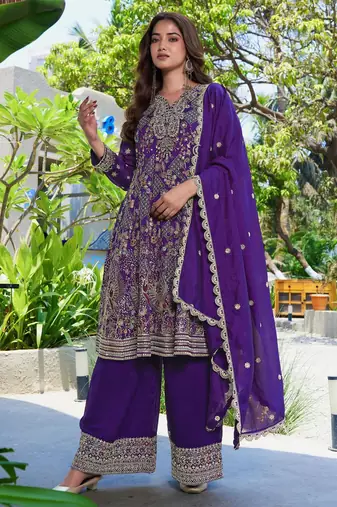 Purple vichitra silk embroidered a-line kurta set with dupatta & full sleeves
