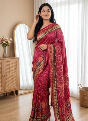 New Designer Roman Silk Printed With Real Mirror Work Women's saree With Blouse Set 1
