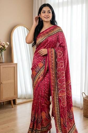 New Designer Roman Silk Printed With Real Mirror Work Women's saree With Blouse Set