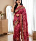 New Designer Roman Silk Printed With Real Mirror Work Women's saree With Blouse Set