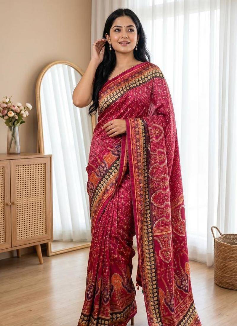 New Designer Roman Silk Printed With Real Mirror Work Women's saree With Blouse Set