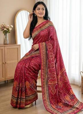 New Designer Roman Silk Printed With Real Mirror Work Women's saree With Blouse Set 2