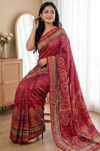 New Designer Roman Silk Printed With Real Mirror Work Women's saree With Blouse Set