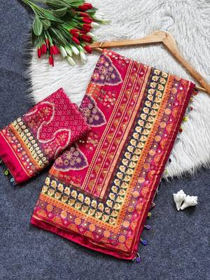 New Designer Roman Silk Printed With Real Mirror Work Women's saree With Blouse Set 4