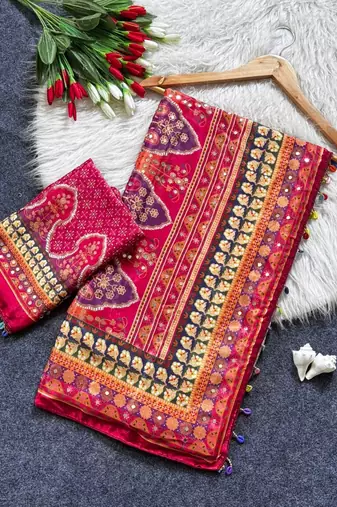 New Designer Roman Silk Printed With Real Mirror Work Women's saree With Blouse Set