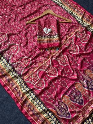 New Designer Roman Silk Printed With Real Mirror Work Women's saree With Blouse Set 5