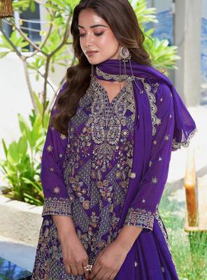 Purple vichitra silk embroidered a-line kurta set with dupatta & full sleeves 4