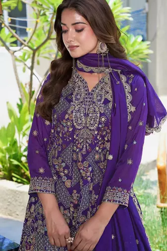 Purple vichitra silk embroidered a-line kurta set with dupatta & full sleeves
