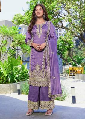 Purple vichitra silk embroidered straight kurta set with dupatta & full sleeves 1