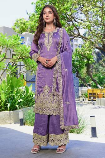 Purple vichitra silk embroidered straight kurta set with dupatta & full sleeves