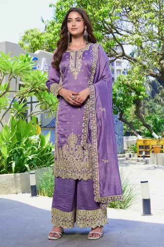 Purple vichitra silk embroidered straight kurta set with dupatta & full sleeves