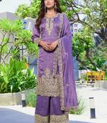 Purple vichitra silk embroidered straight kurta set with dupatta & full sleeves