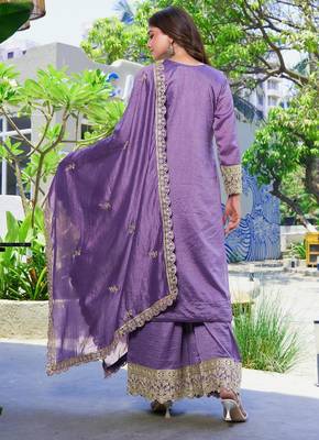 Purple vichitra silk embroidered straight kurta set with dupatta & full sleeves 2