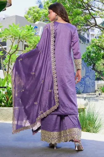 Purple vichitra silk embroidered straight kurta set with dupatta & full sleeves