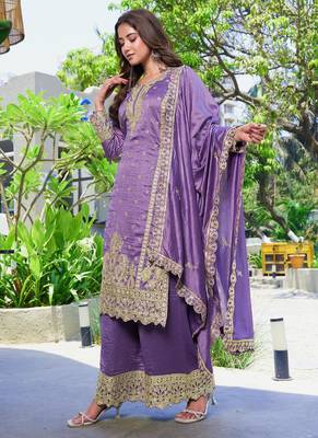 Purple vichitra silk embroidered straight kurta set with dupatta & full sleeves 3