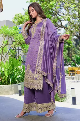 Purple vichitra silk embroidered straight kurta set with dupatta & full sleeves