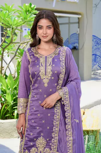 Purple vichitra silk embroidered straight kurta set with dupatta & full sleeves