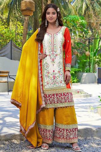 Orange vichitra silk embroidered straight kurta set with dupatta & full sleeves
