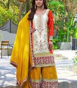 Orange vichitra silk embroidered straight kurta set with dupatta & full sleeves