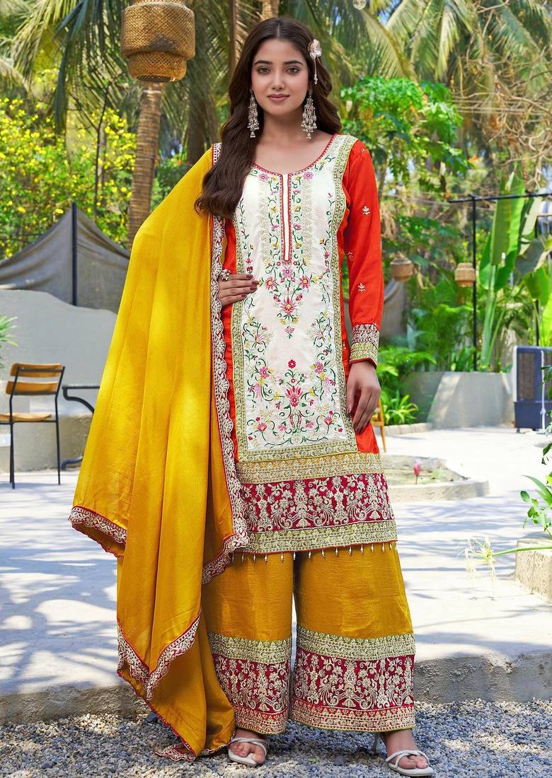 Orange vichitra silk embroidered straight kurta set with dupatta & full sleeves