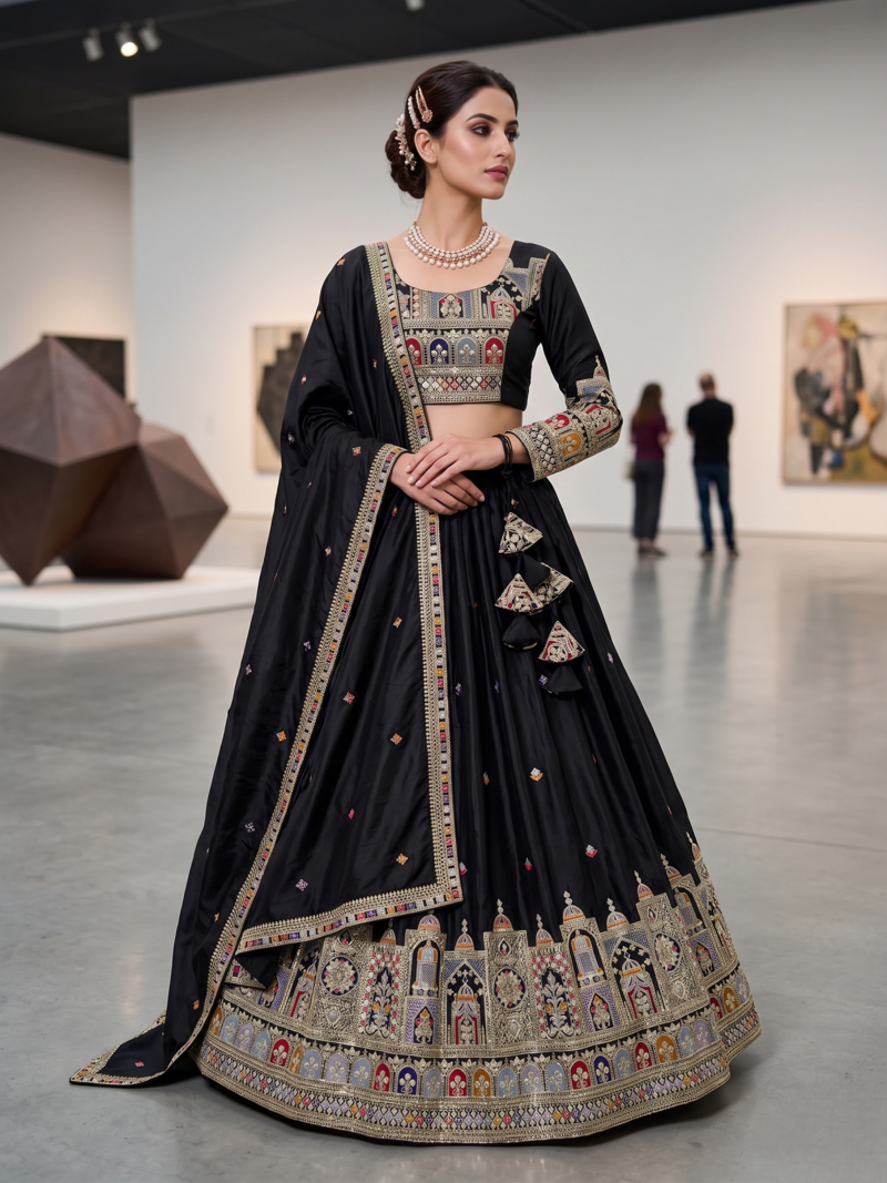 Black Traditional Lehenga Choli with Heavy Border Work & Elegant Dupatta