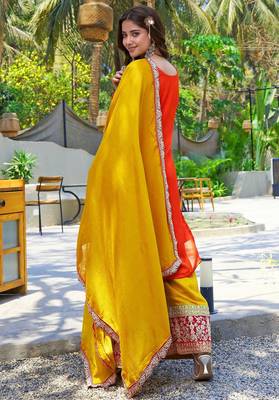 Orange vichitra silk embroidered straight kurta set with dupatta & full sleeves 2