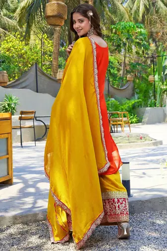 Orange vichitra silk embroidered straight kurta set with dupatta & full sleeves