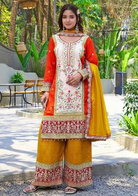 Orange vichitra silk embroidered straight kurta set with dupatta & full sleeves 3