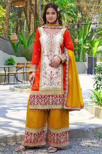 Orange vichitra silk embroidered straight kurta set with dupatta & full sleeves