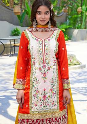 Orange vichitra silk embroidered straight kurta set with dupatta & full sleeves 4