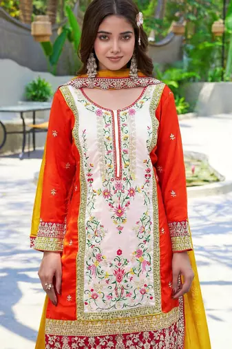 Orange vichitra silk embroidered straight kurta set with dupatta & full sleeves