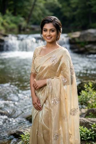 Cream Color embroidery beats work Silk Blend Saree
